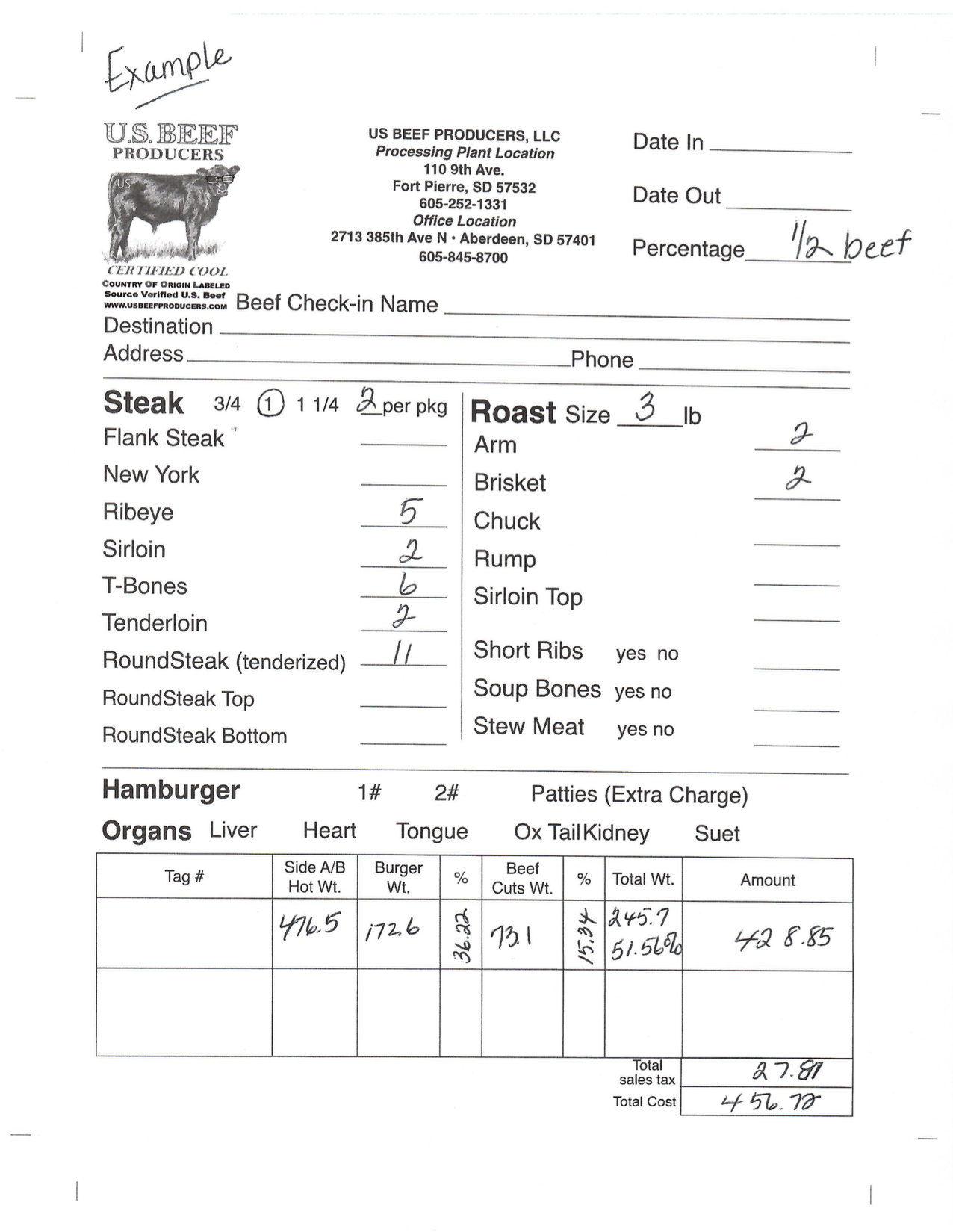 Example Beef Cut Sheet